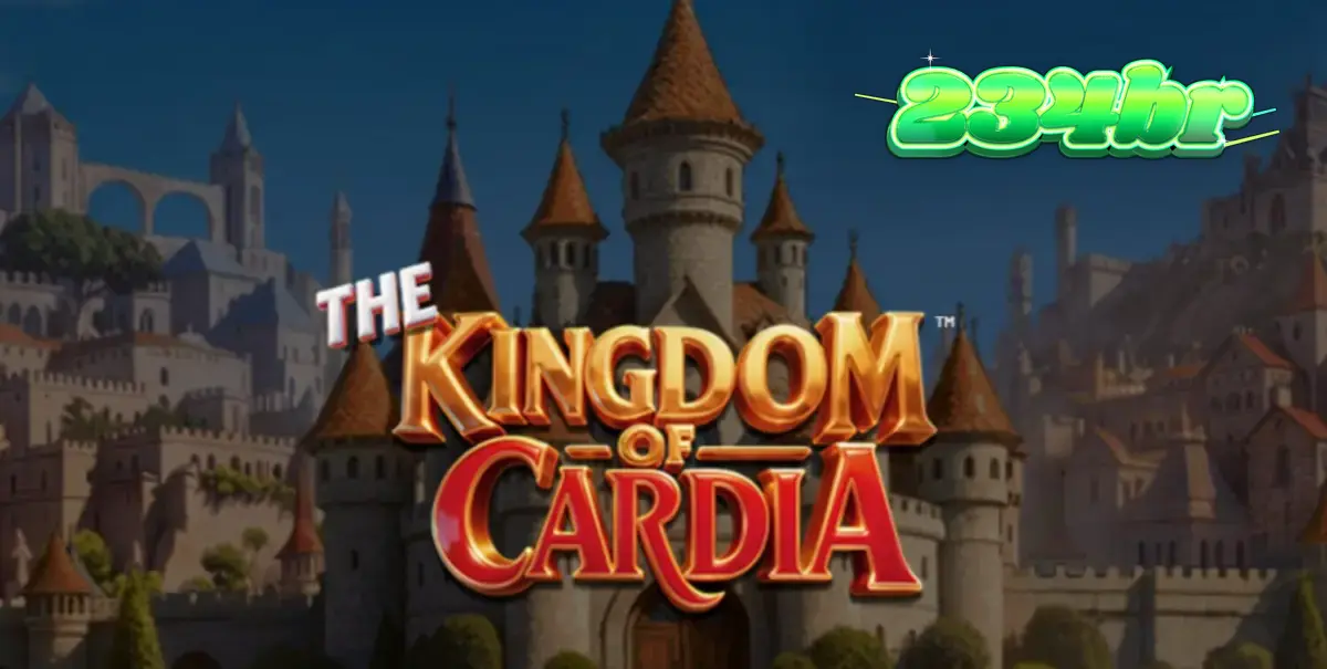 Cenário vibrante e mágico do slot The Kingdom of Cardia com elementos de cartas de baralho.