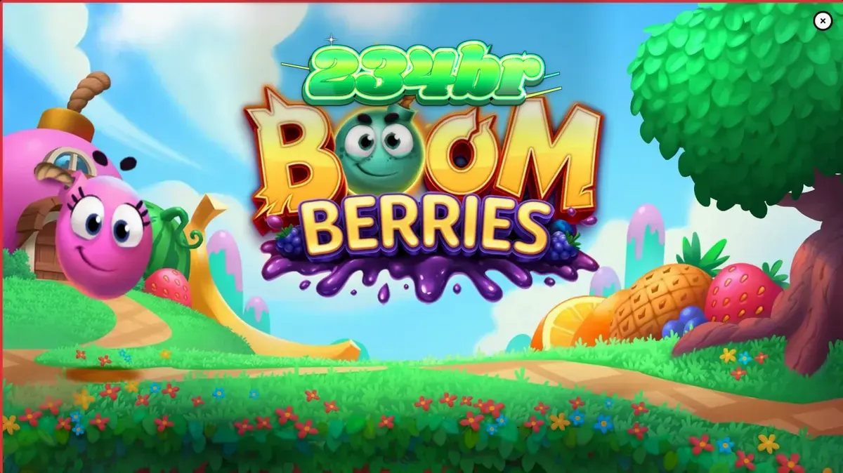 Cenário colorido e vibrante do slot Boomberries com frutas e casas em formato de bomba